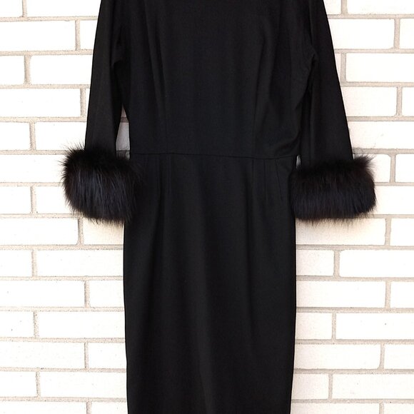 Vintage Black Dress with Fur Cuffs 38.25"B 50s 60s Retro Glamor Wide Neckline - Picture 3 of 16